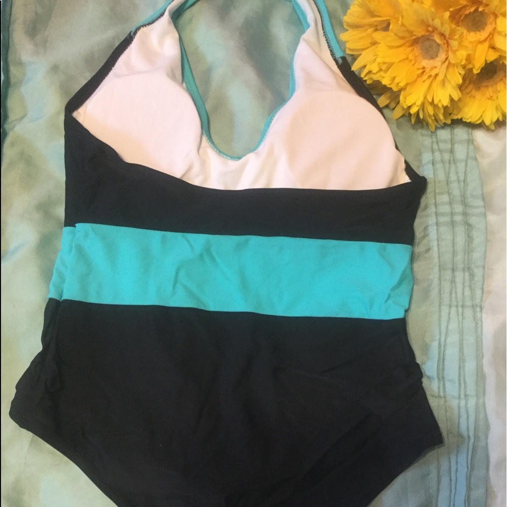 ❌DONATED❌Black Light Blue Trim Deep V Lined One Piece Swimsuit - Picture 3 of 8